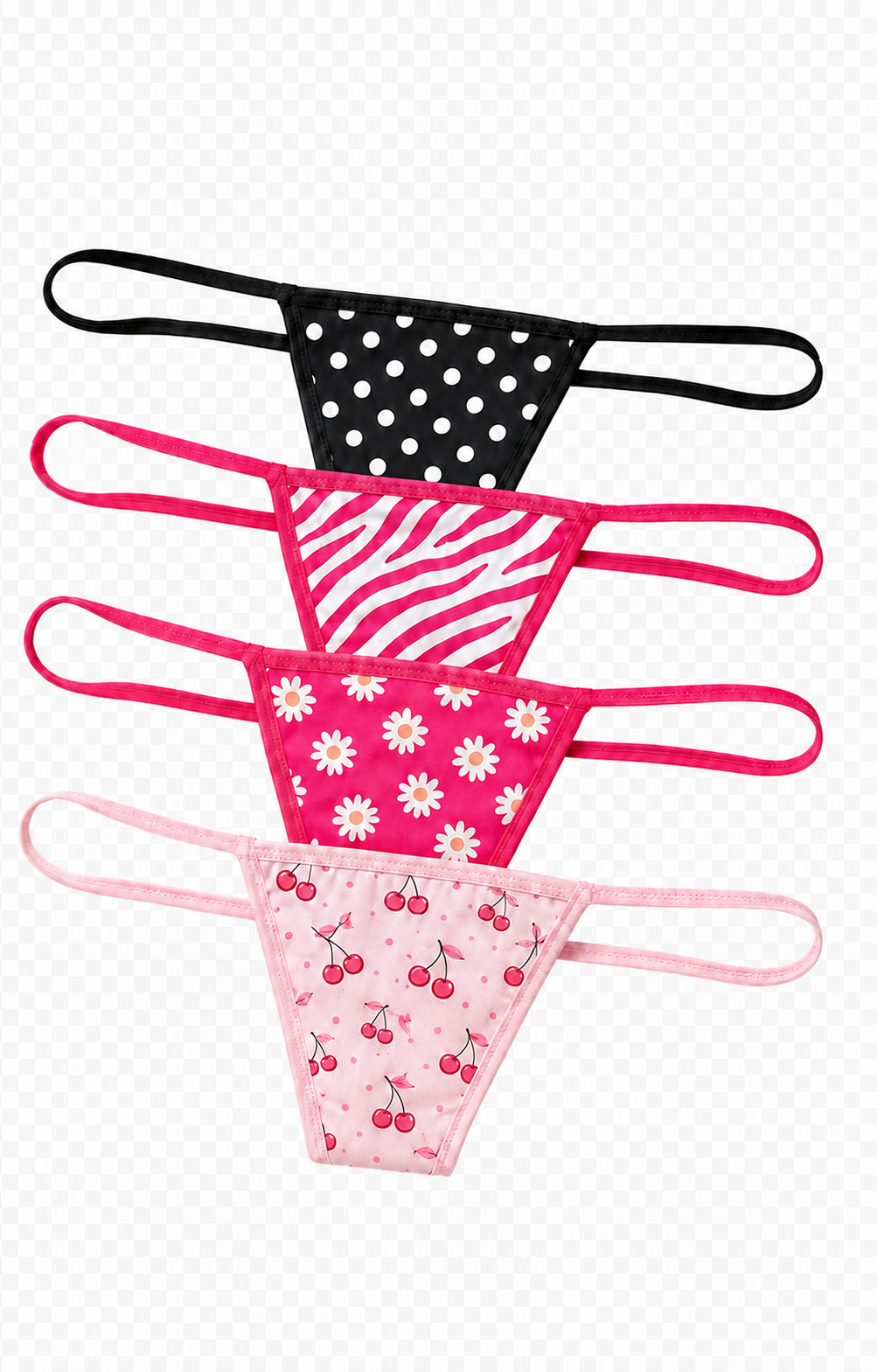Four C Strings ribbon style G strings in polka dot, zebra, daisy and cherry prints